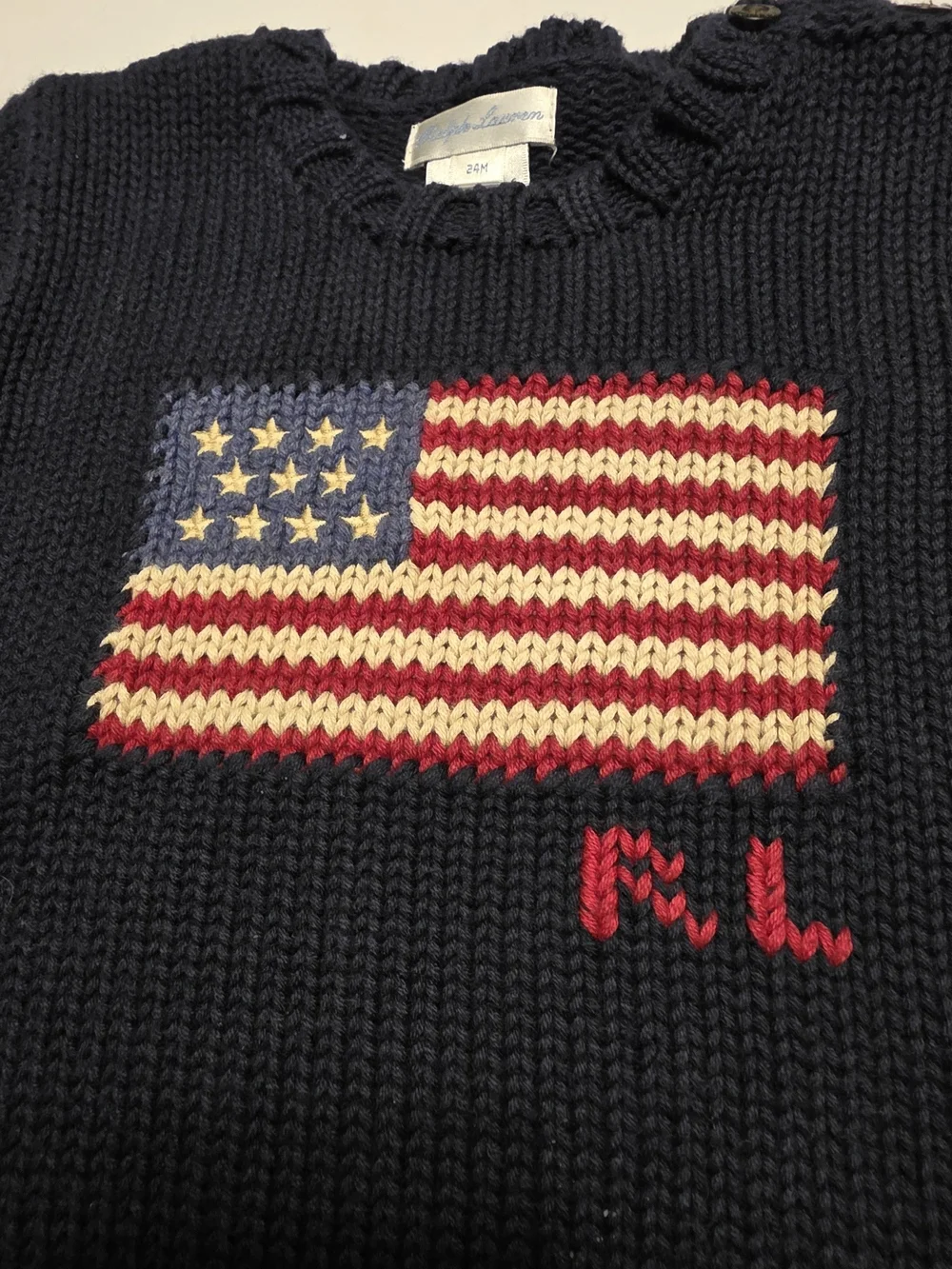 Ralph Lauren Black Knit Crewneck Sweater with Flag Embroidery